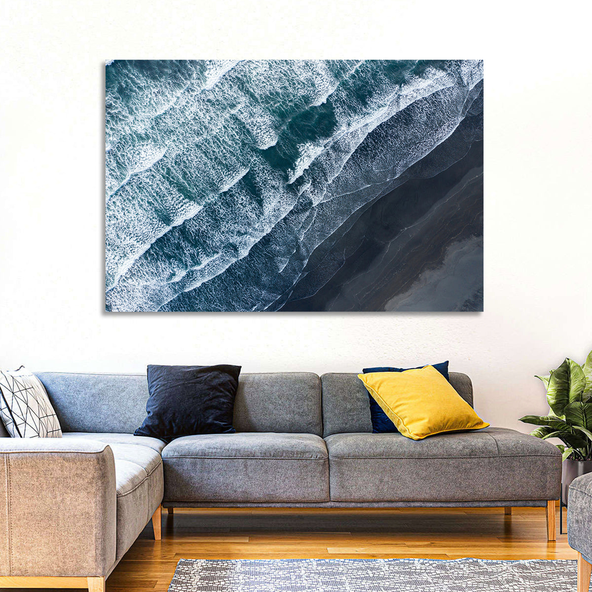 Volcanic Surf on Black Sand Wall Art in a room, landscape