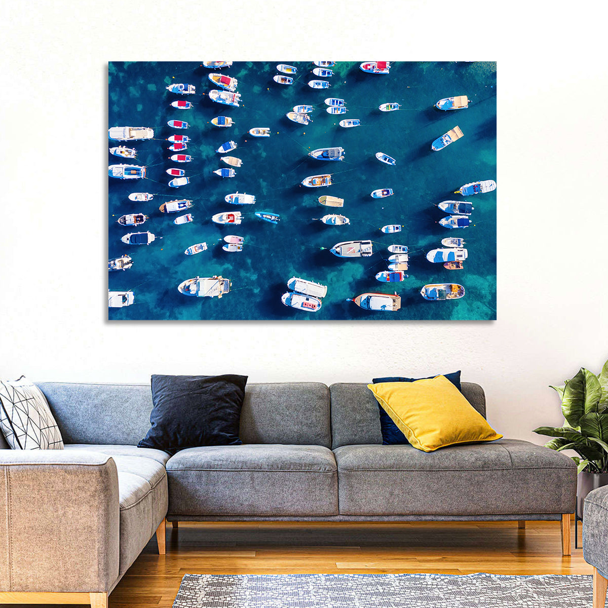 Aerial Boats Over Turquoise Sea Wall Art in a room, landscape