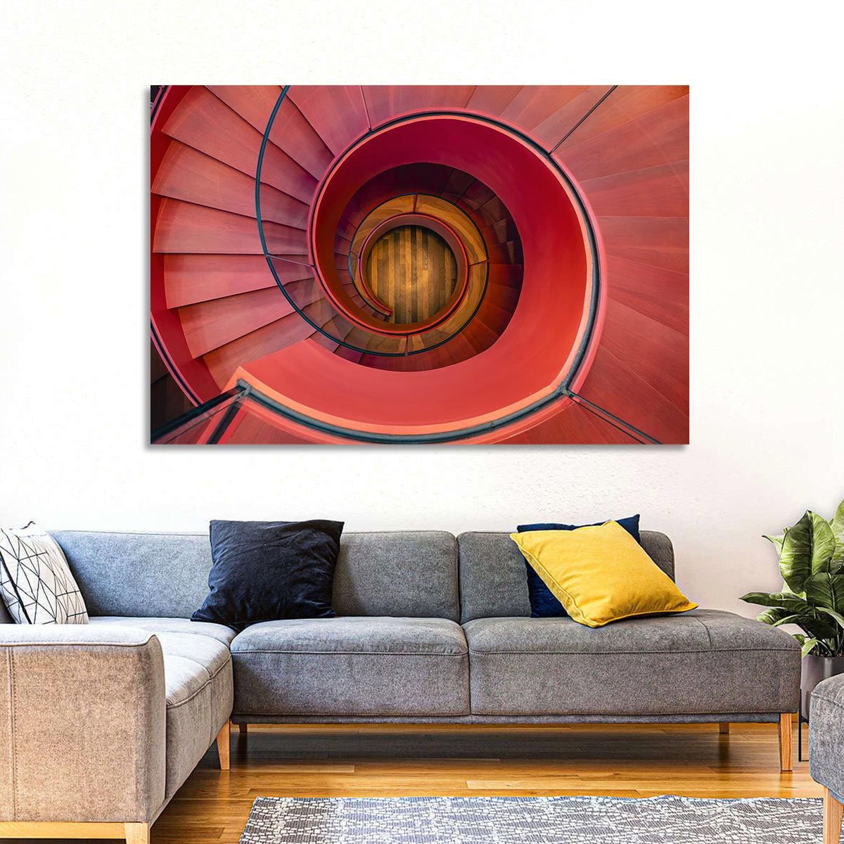 Red Spiral Staircase Wall Art in a room, landscape