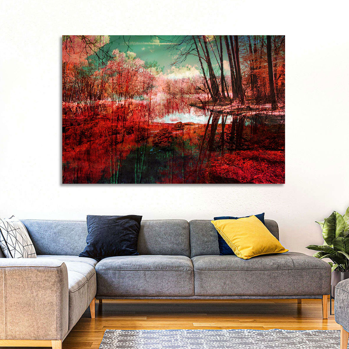 Red Forest Reflection Wall Art in a room, landscape