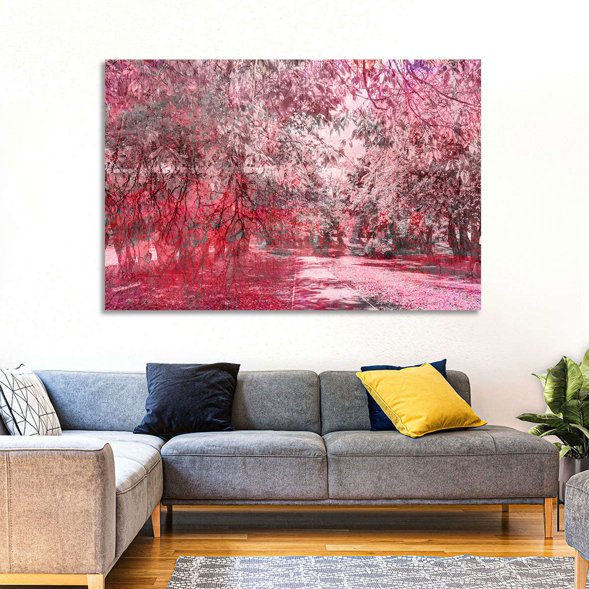Pink Autumn Pathway Wall Art in a room, landscape