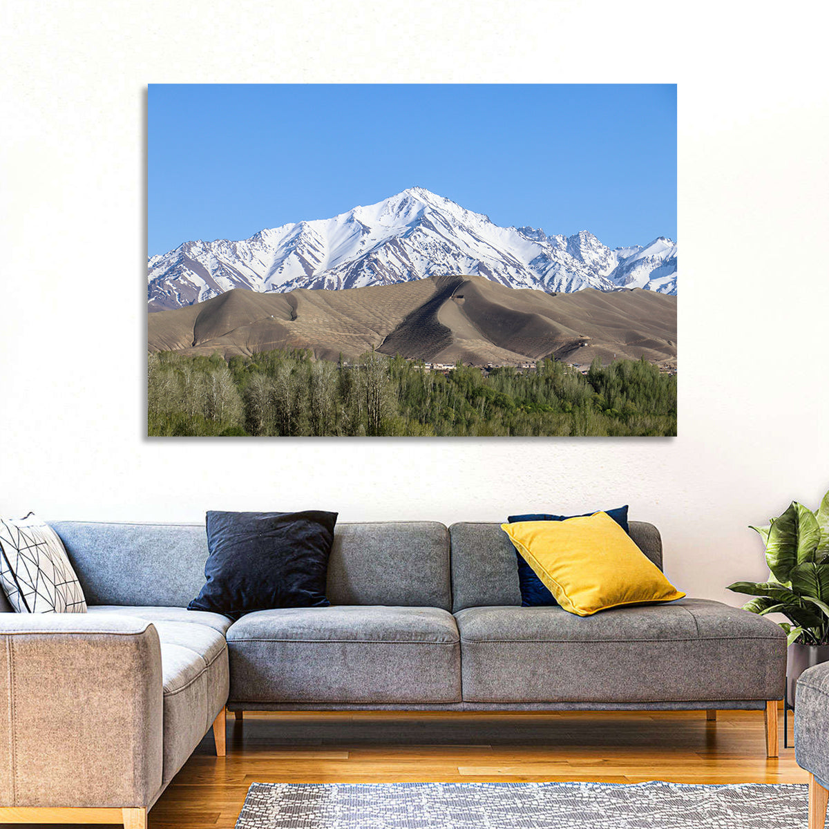 Afghan Snow-capped Peaks Above Forested Foothills Wall Art in a room, landscape