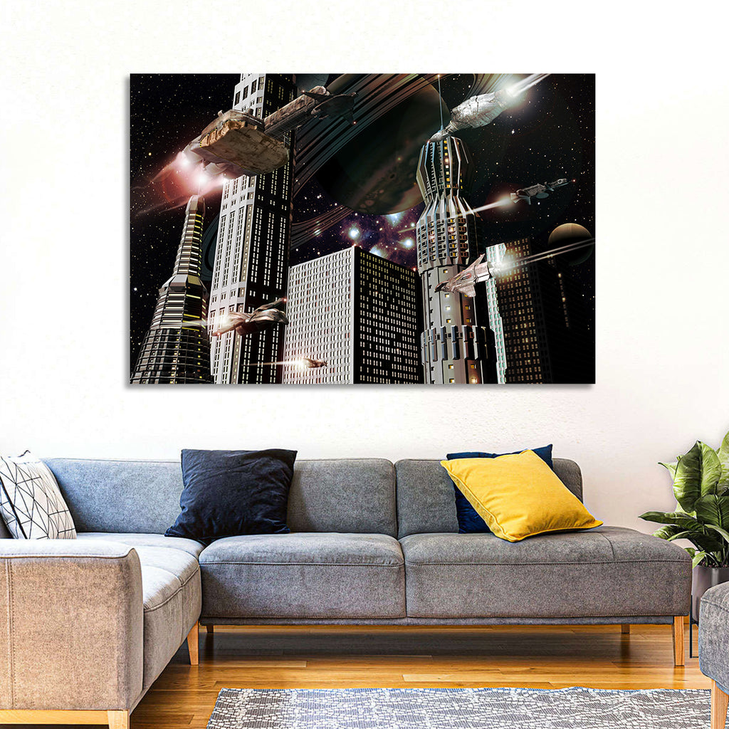 Ringed Planet Cityscape Wall Art
