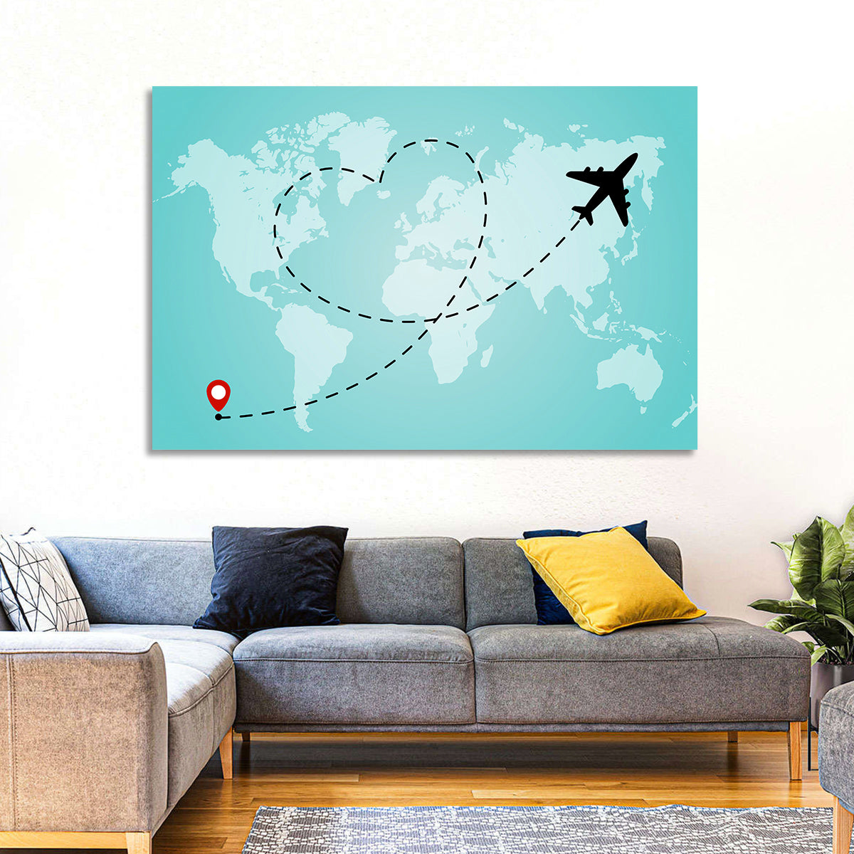 Heart Flight Map Wall Art in a room, landscape