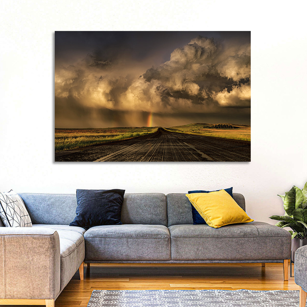 Rain-soaked Road to Rainbow Wall Art in a room, landscape
