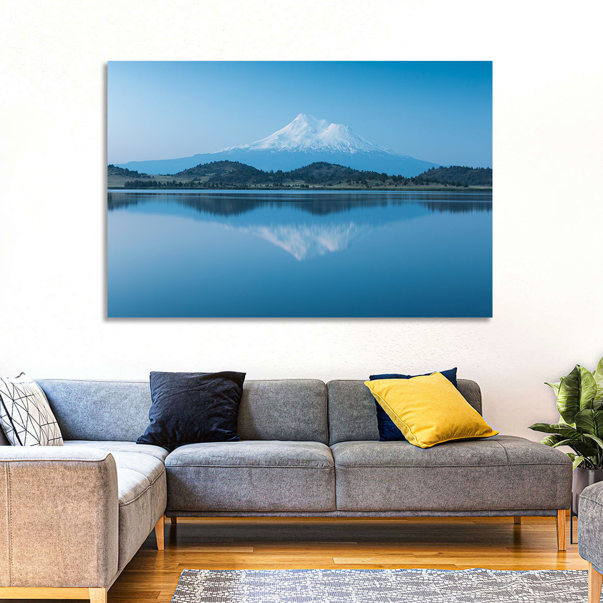 Snowy Mount Shasta Wall Art in a room, landscape