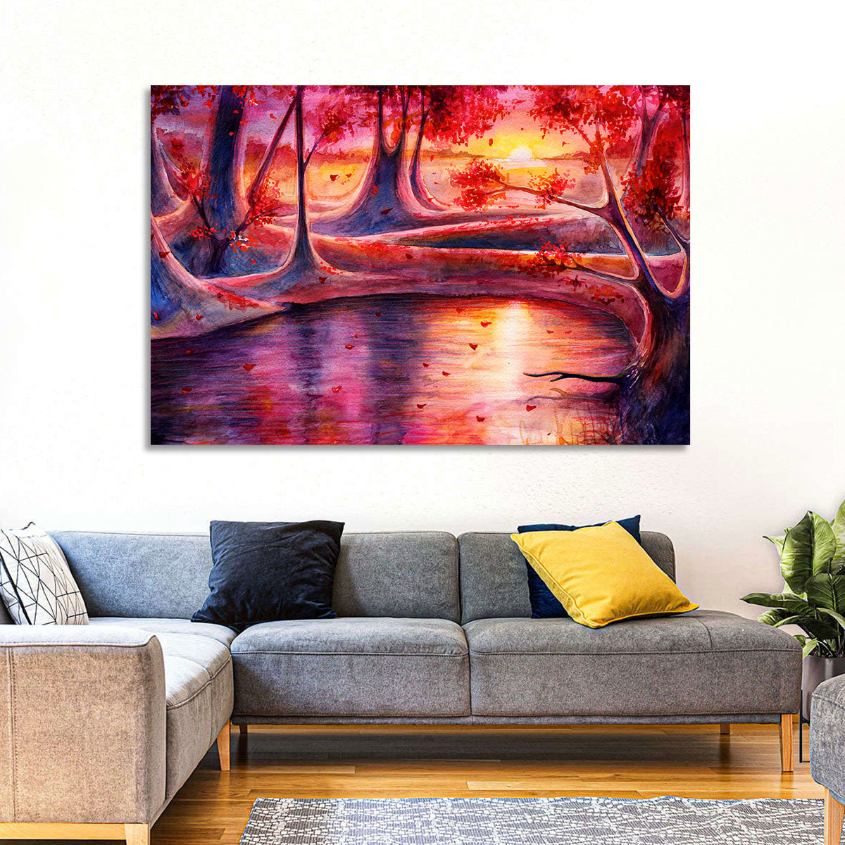 Autumn Forest Lake at Dusk Wall Art in a room, landscape
