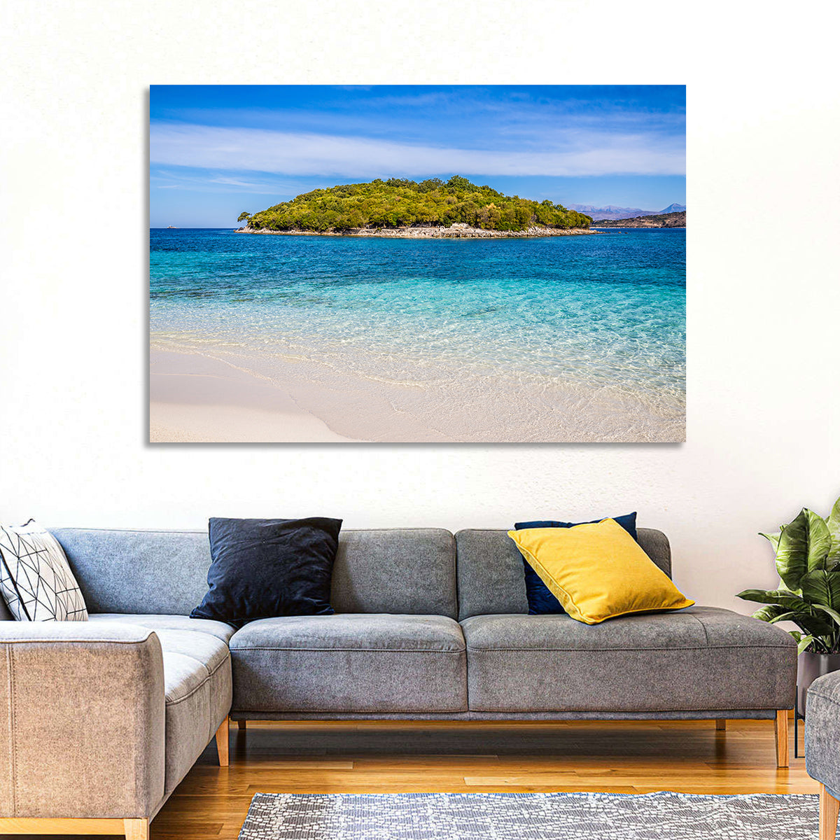 Butrint Turquoise Island Beach Wall Art in a room, landscape