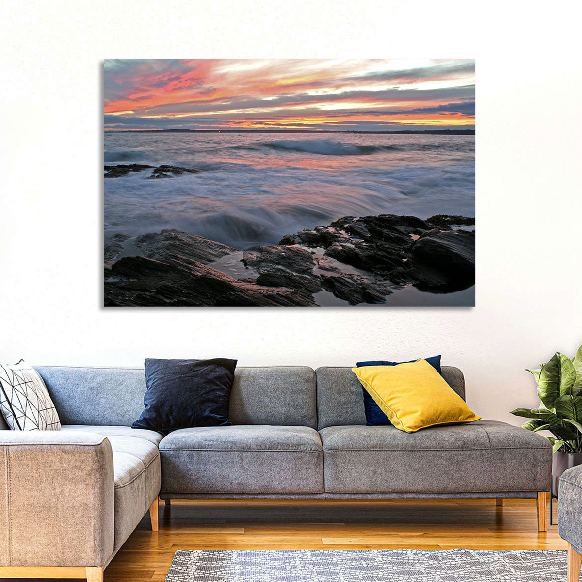 Rocky Coast Sunset Wall Art in a room, landscape