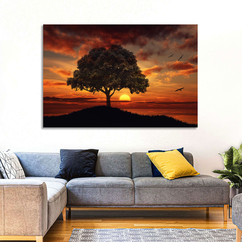 Lone Tree at Sunset with Birds Wall Art