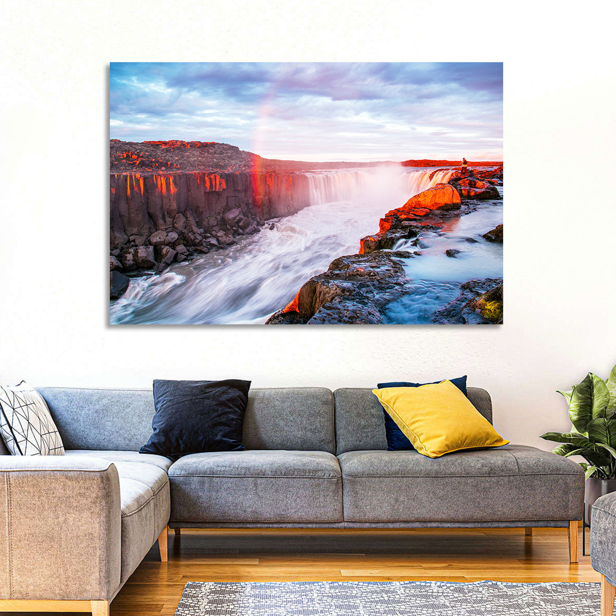 Golden Hour Selfoss Falls Rainbow Wall Art in a room, landscape