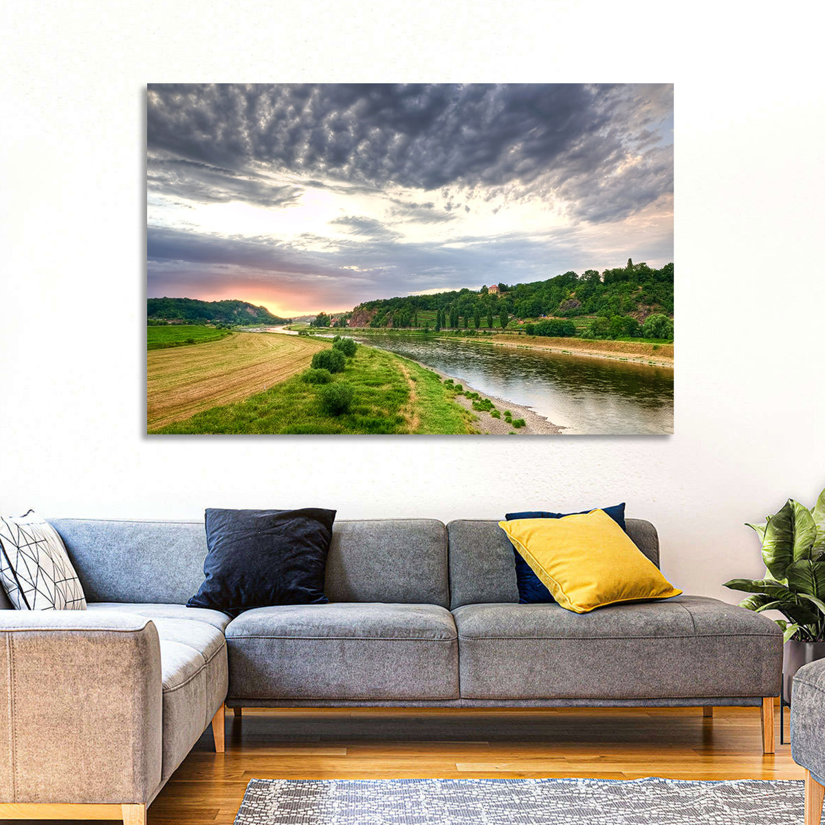 Elbe River at Golden Hour Wall Art in a room, landscape