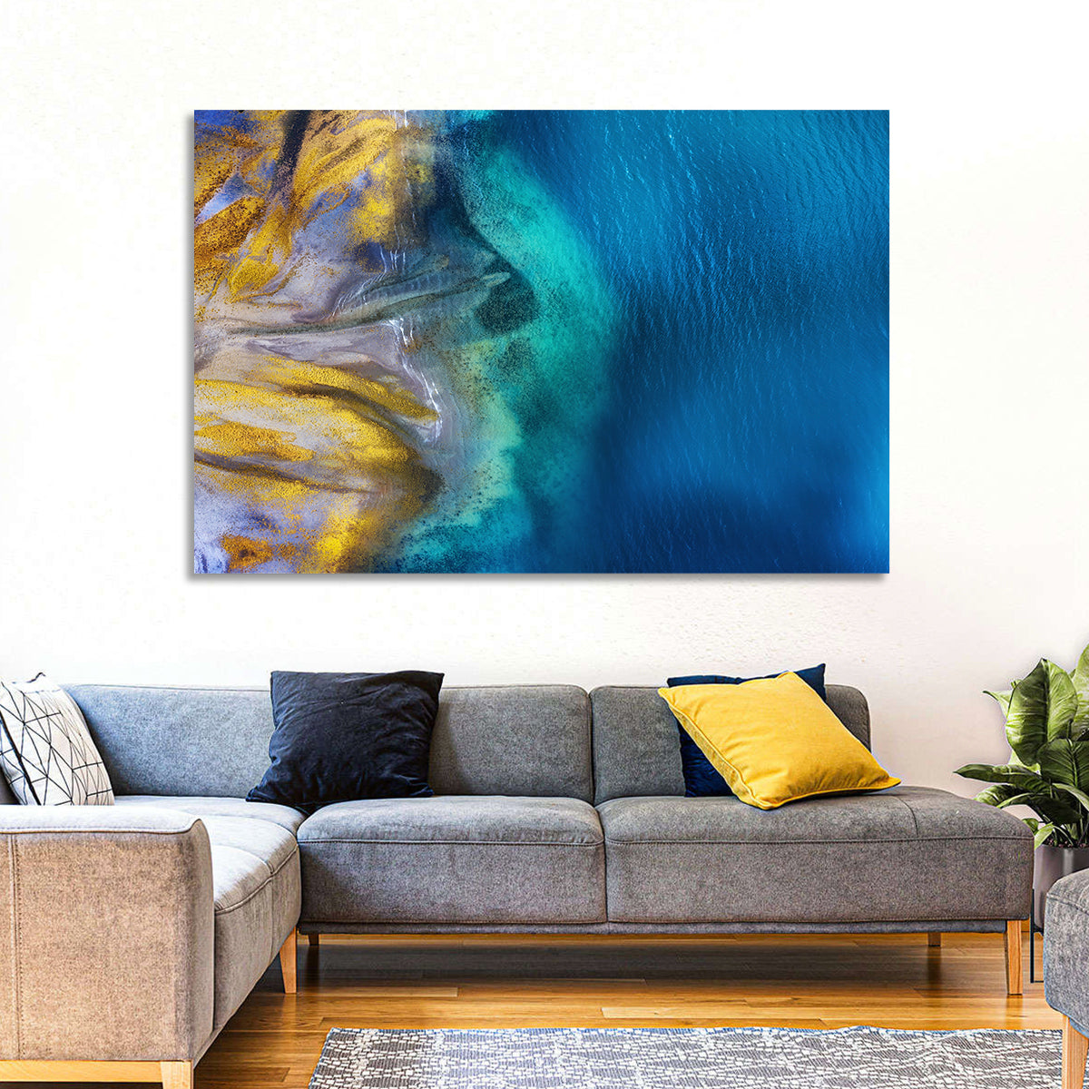 Golden Coast Abstract Wall Art in a room, landscape