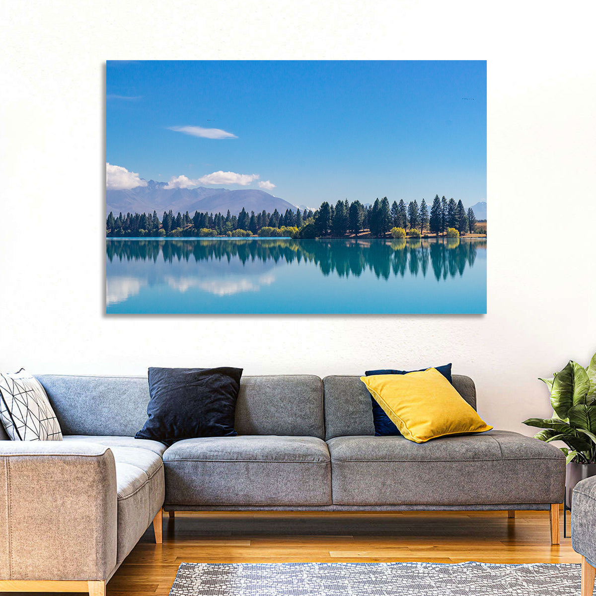 Lake Ruataniwha Reflection Wall Art in a room, landscape