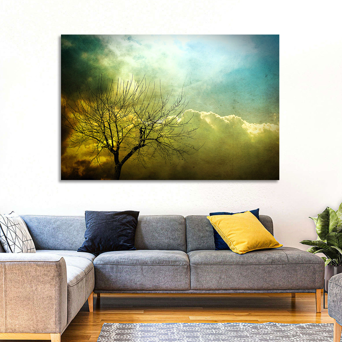 Moody Winter Tree Landscape Wall Art in a room, landscape
