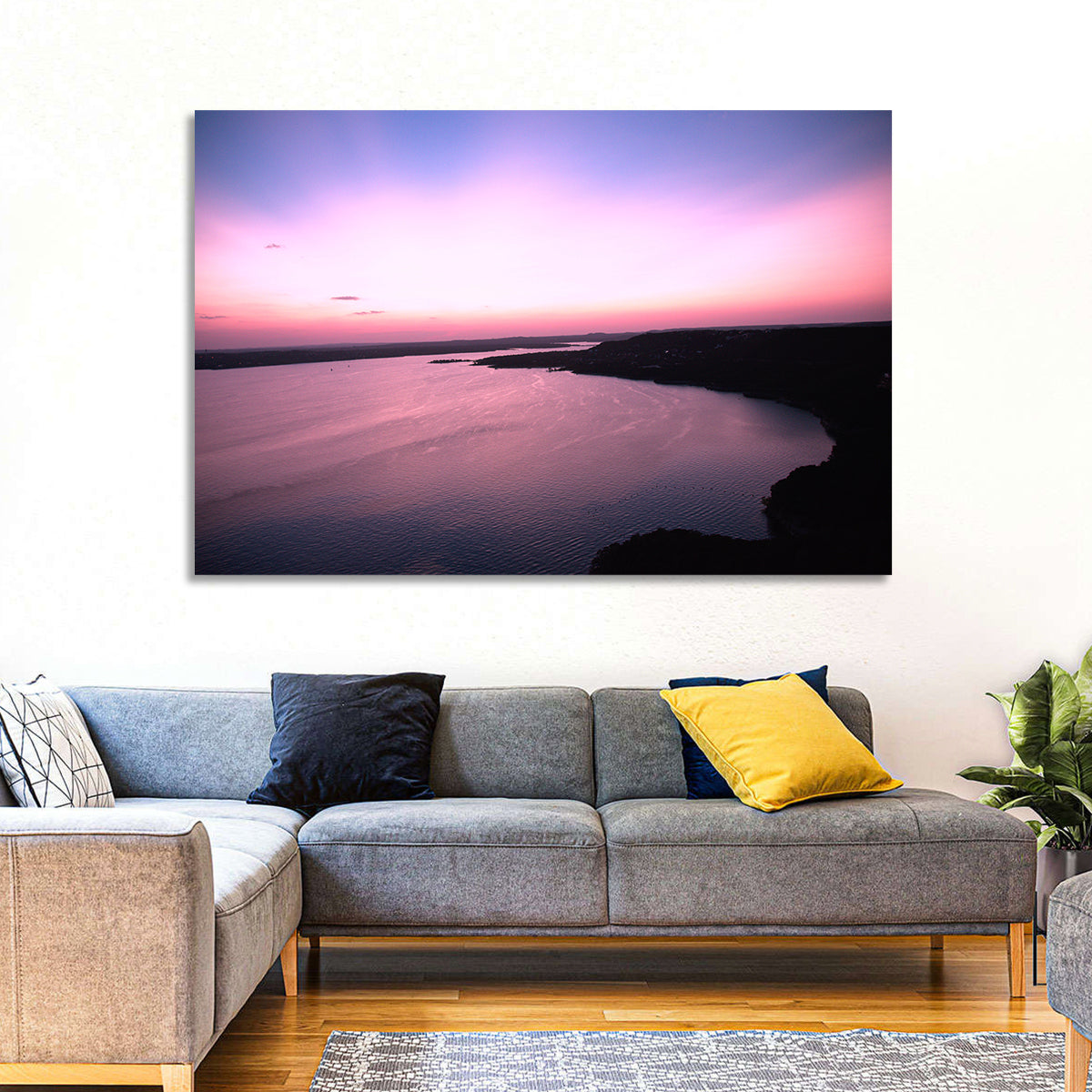 Lake Travis Purple Sunset Wall Art in a room, landscape