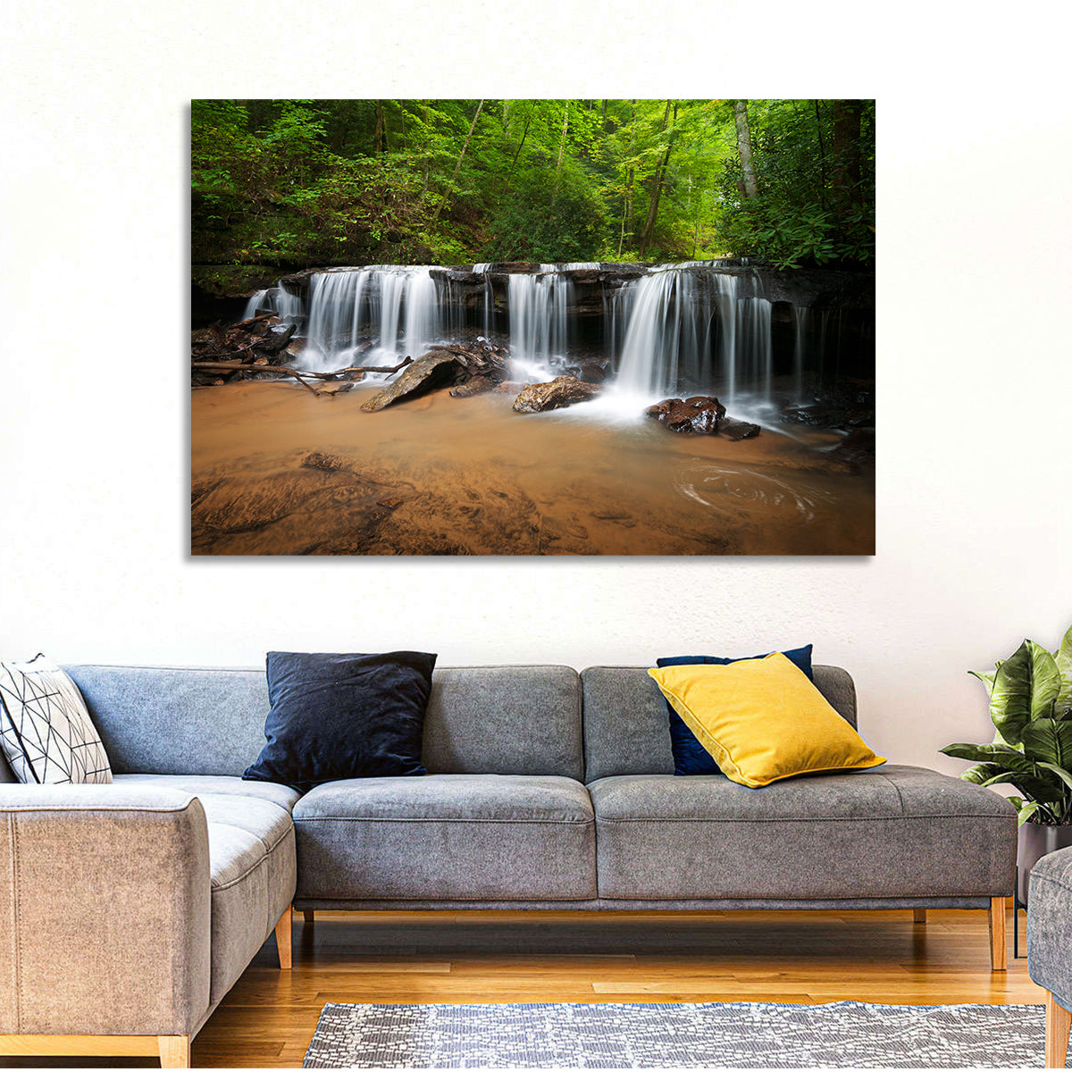 Lush Green Forest Waterfall Wall Art in a room, landscape