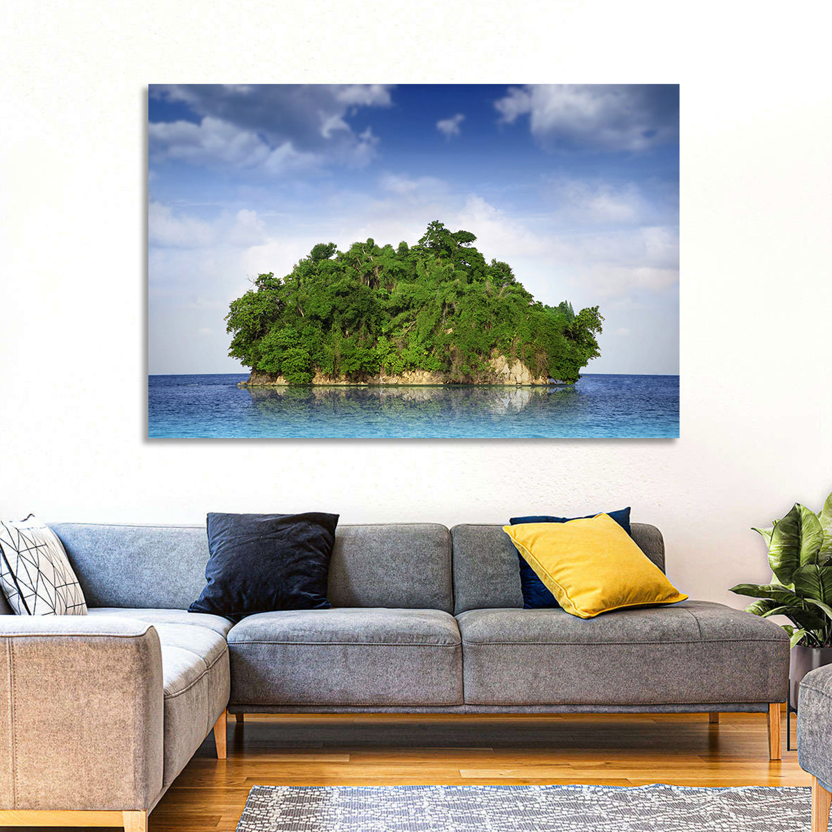 Tranquil Tropical Island Reflection Wall Art in a room, landscape