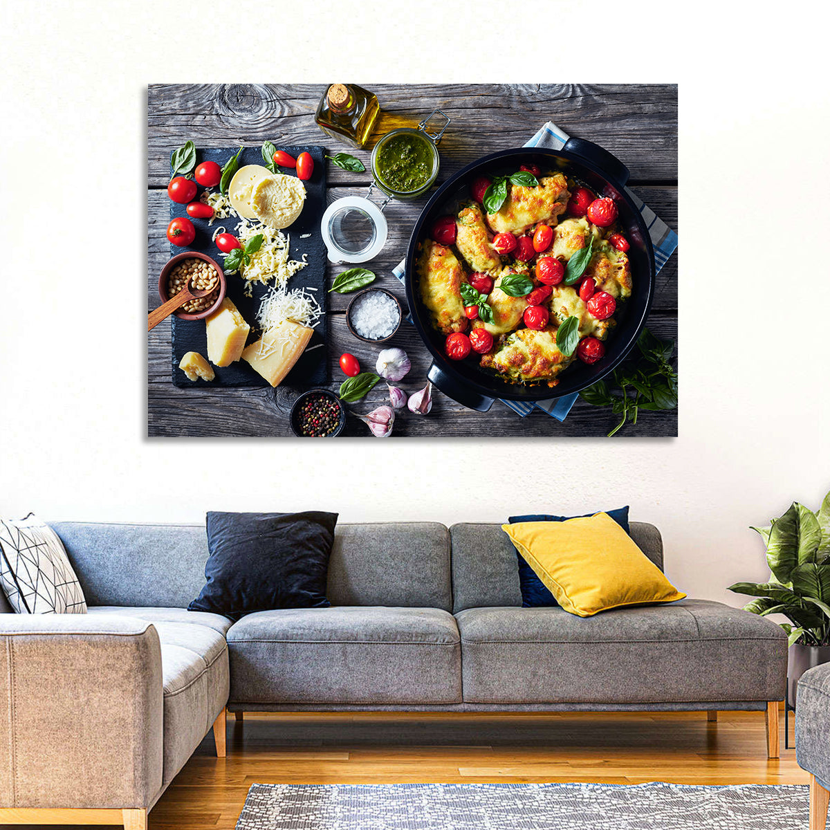 Pesto Baked Chicken Flat Lay Wall Art in a room, landscape