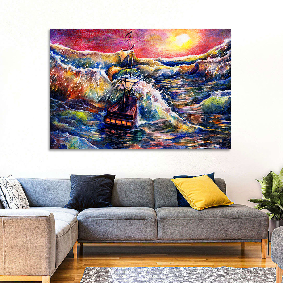 Stormy Sunset Sailing Ship Wall Art in a room, landscape