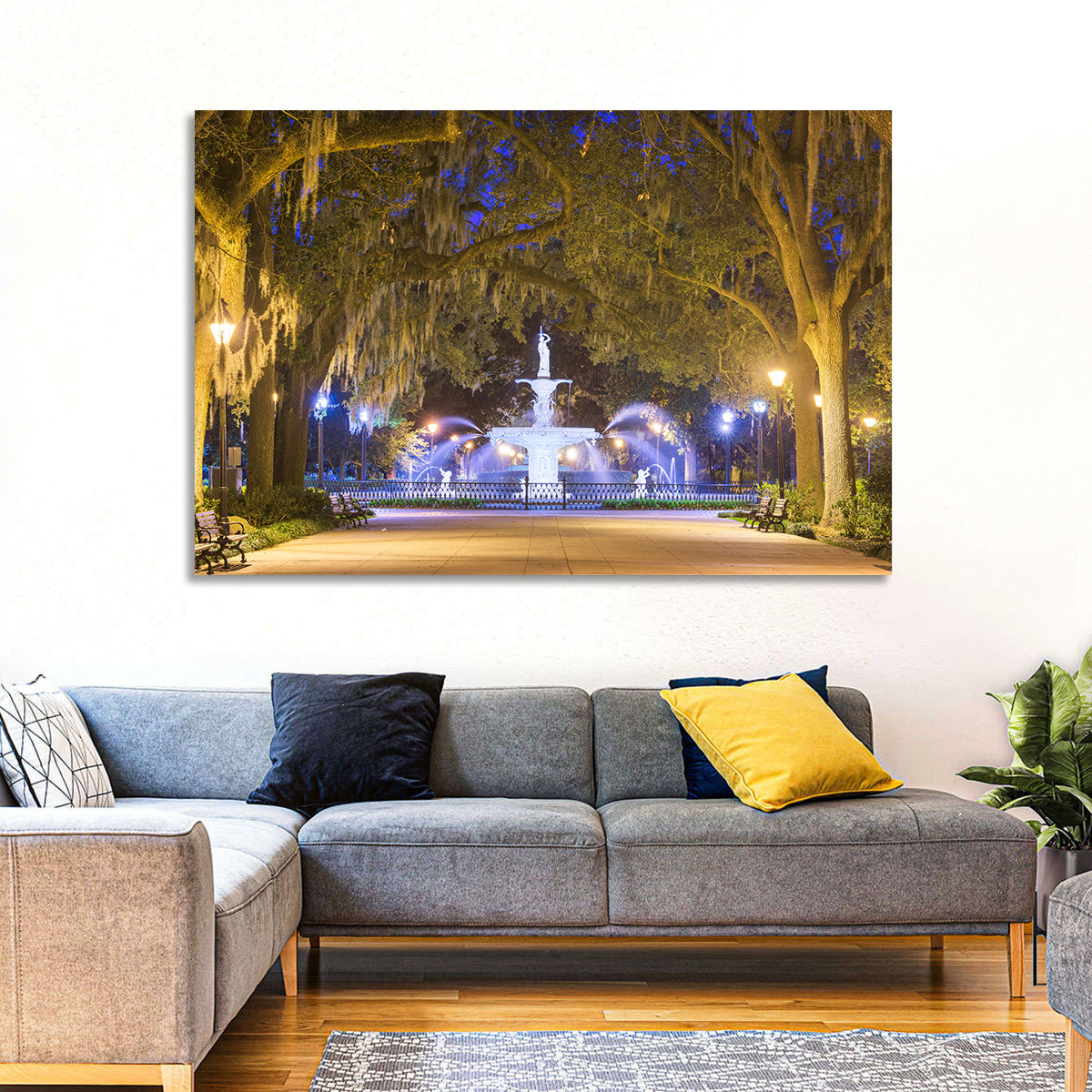 Forsyth Park Fountain at Night Wall Art in a room, landscape