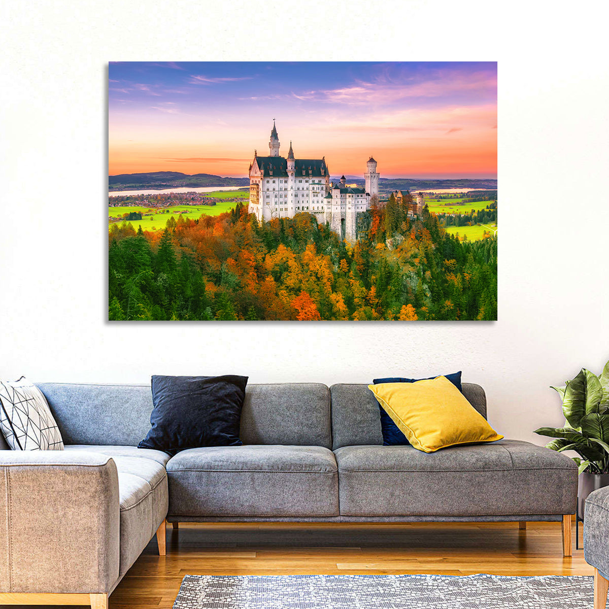 Neuschwanstein Castle at Autumn Sunset Wall Art in a room, landscape