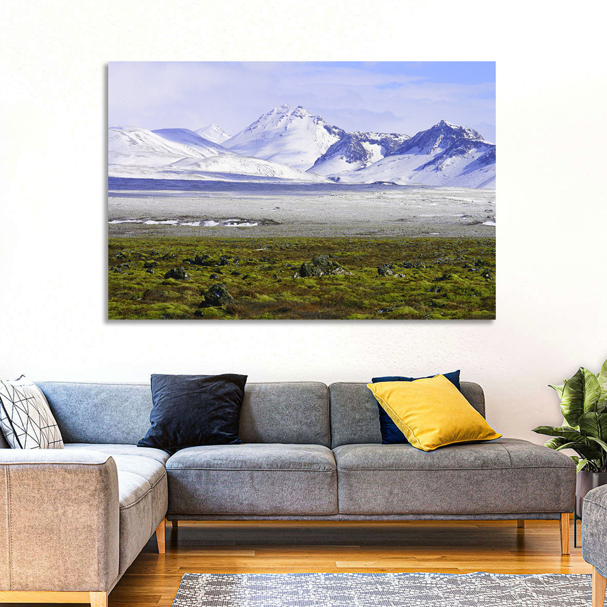 Icelandic Snow and Moss Landscape Wall Art in a room, landscape