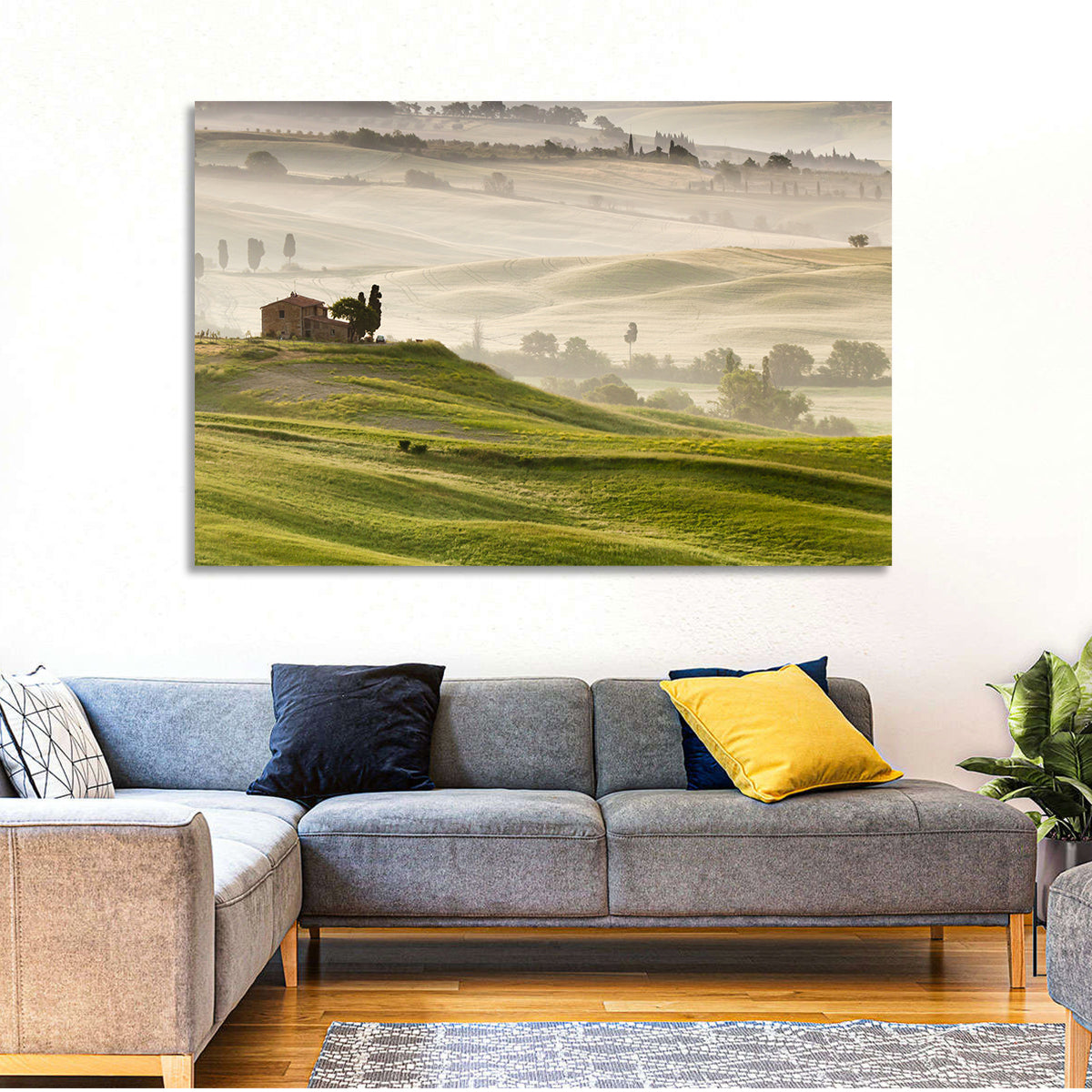 Foggy Tuscany Wall Art in a room, landscape
