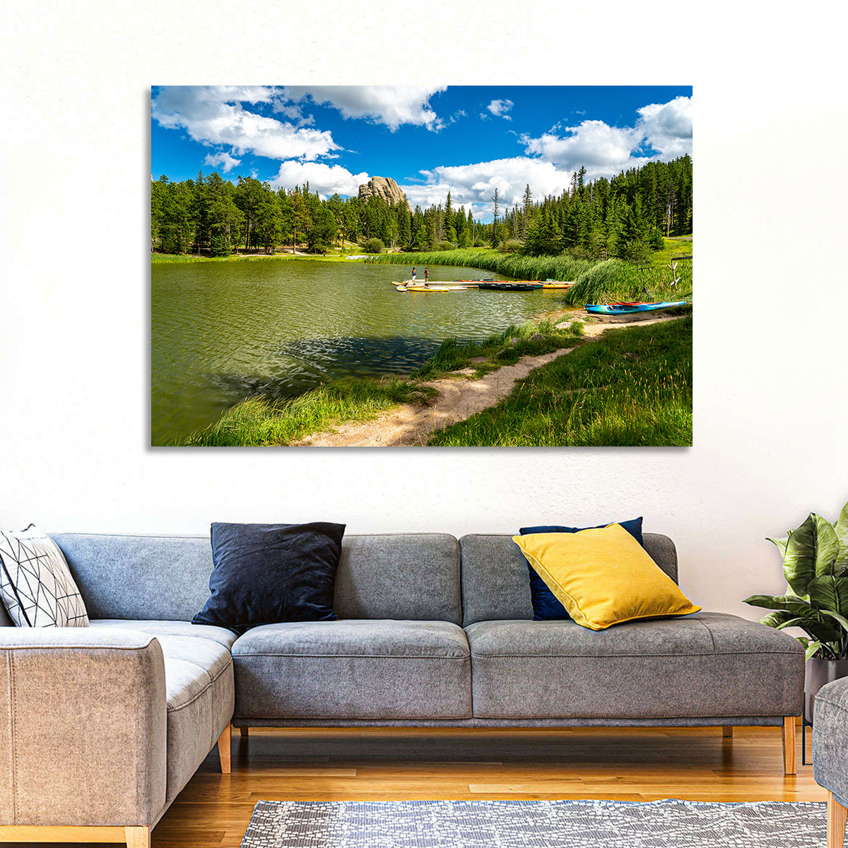 Sylvan Lake Dockside Scene Wall Art in a room, landscape