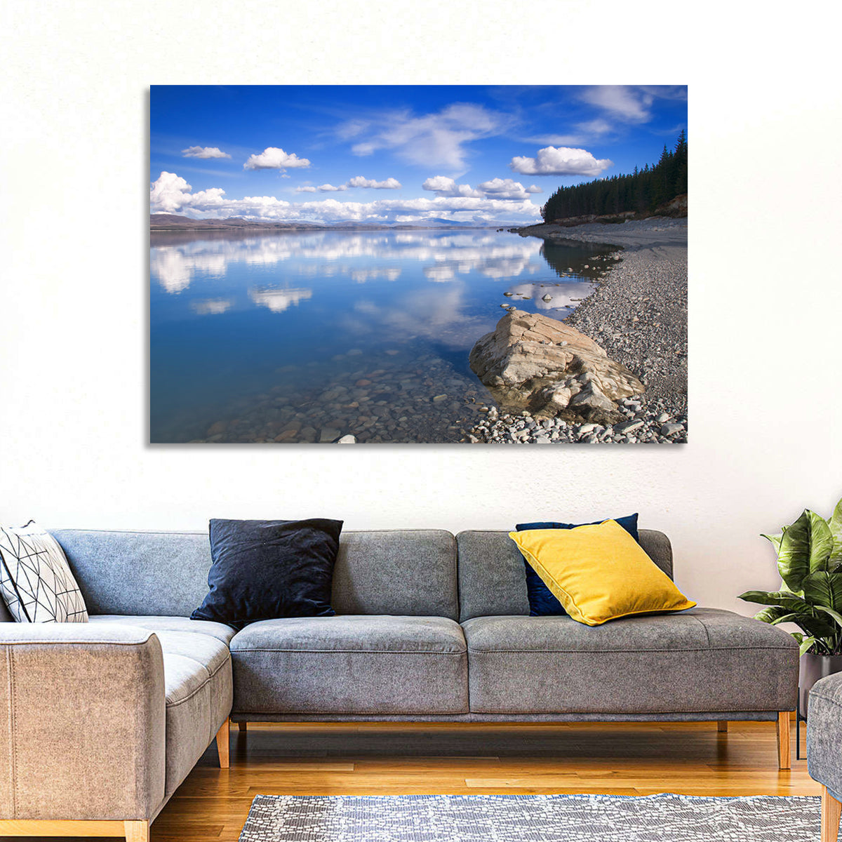 Pukaki Pebbled Shoreline Wall Art in a room, landscape