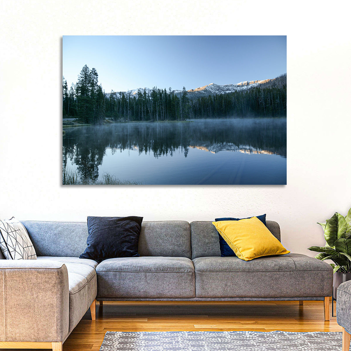 Sylvan Lake Morning Mist Wall Art in a room, landscape