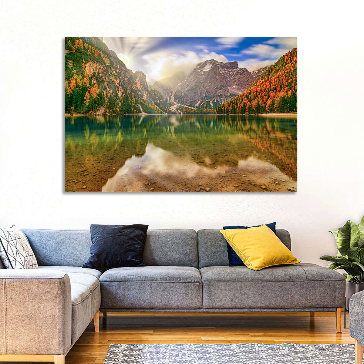 Lago Di Braies Sunrise Wall Art in a room, landscape