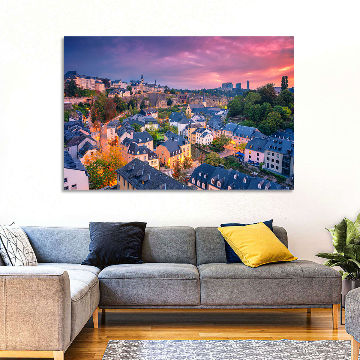 Luxembourg Grund at Dusk Wall Art in a room, landscape