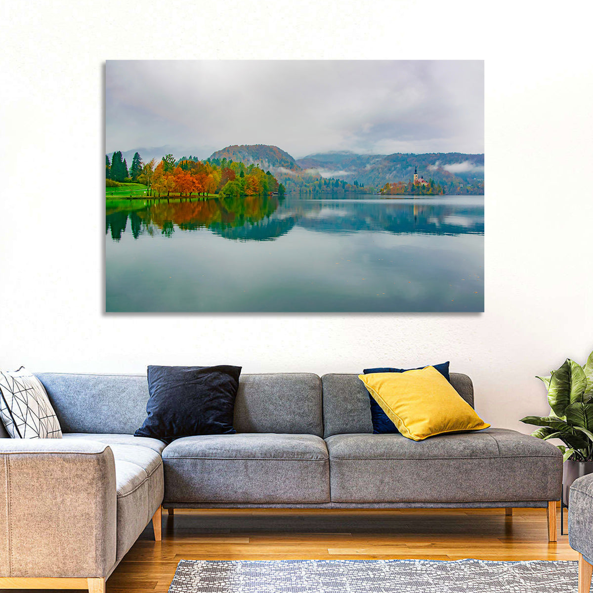Lake Bled Island Church Wall Art in a room, landscape