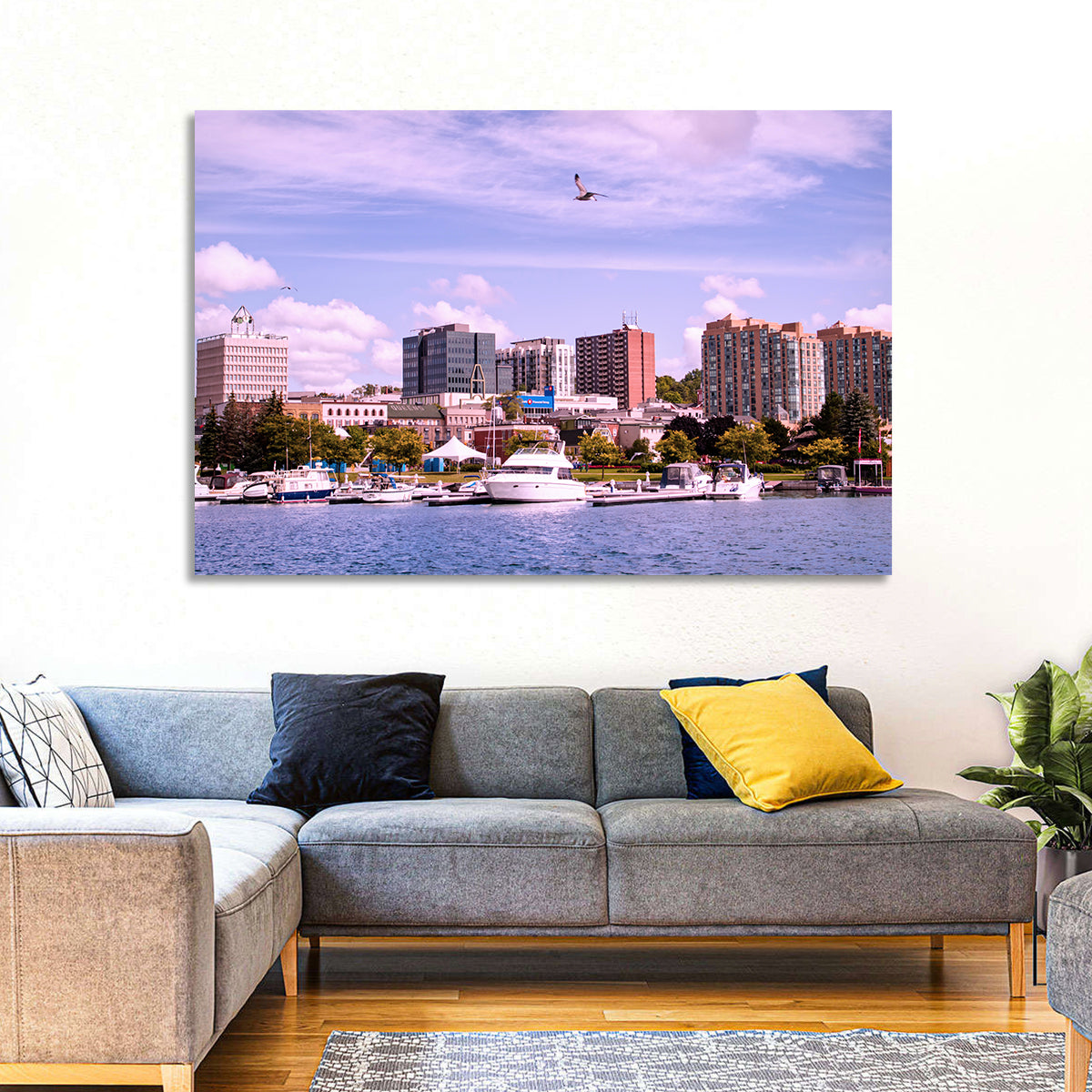 Barrie Lakefront Skyline Wall Art in a room, landscape