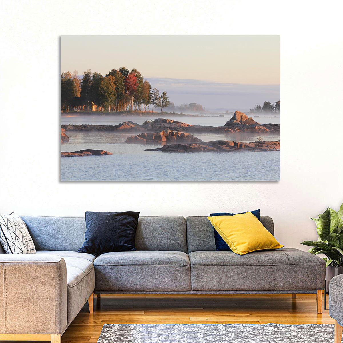 Lake Vanern Misty Shoreline Wall Art in a room, landscape