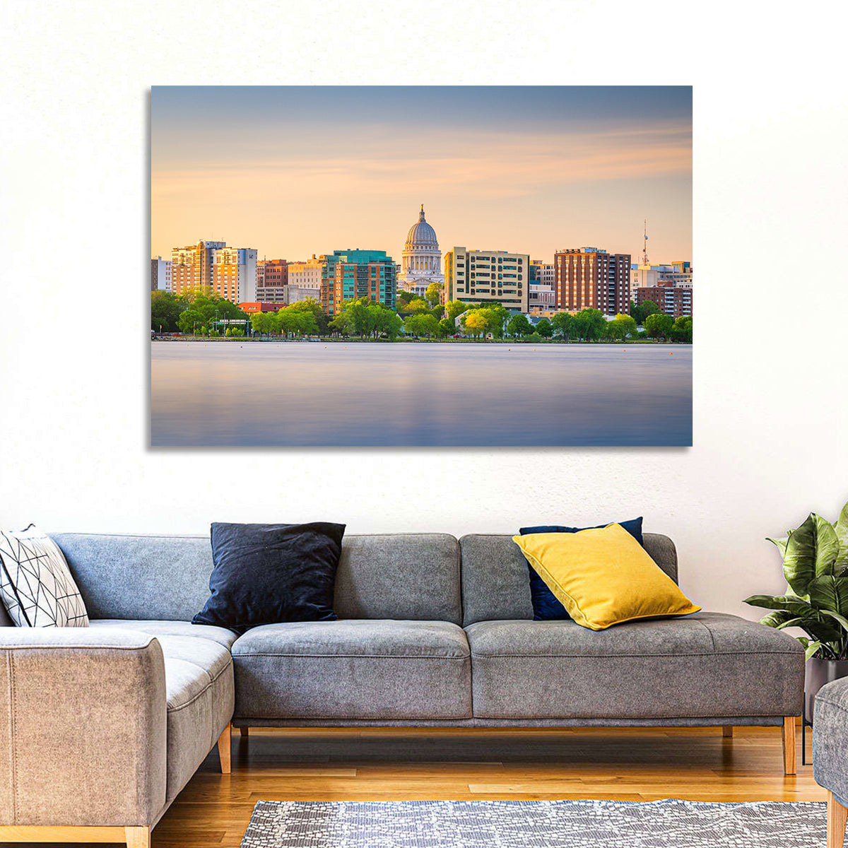 Madison Skyline at Lake Monona Wall Art in a room, landscape