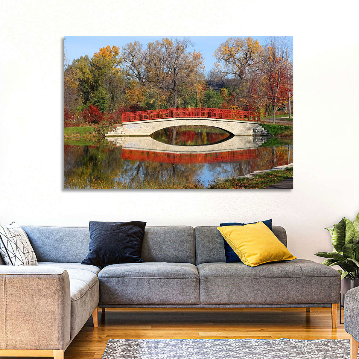 Tenney Park Stone Bridge Reflection Wall Art in a room, landscape