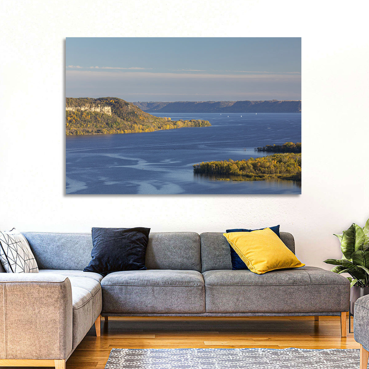 Mississippi River Autumn Panorama Wall Art in a room, landscape