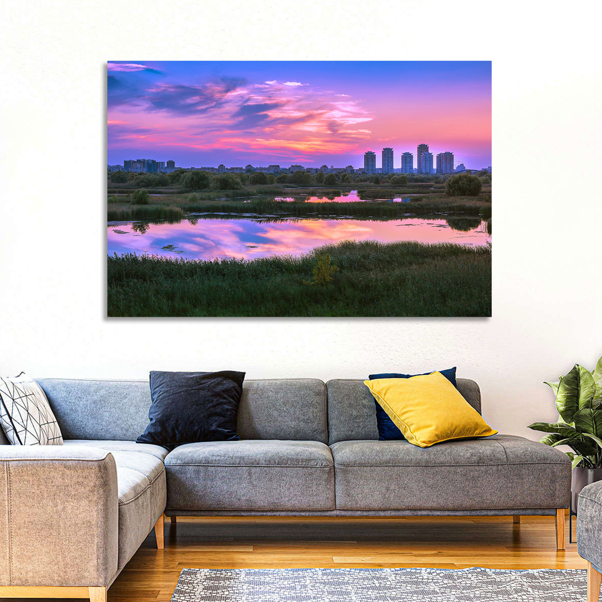 Vacaresti Park Sunset Reflection Wall Art in a room, landscape