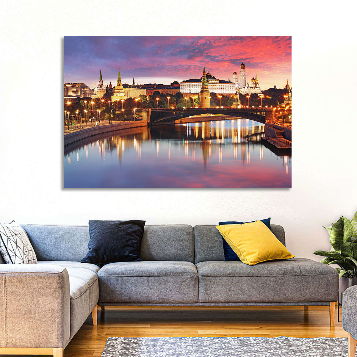 Moscow Kremlin Skyline at Twilight Wall Art in a room, landscape