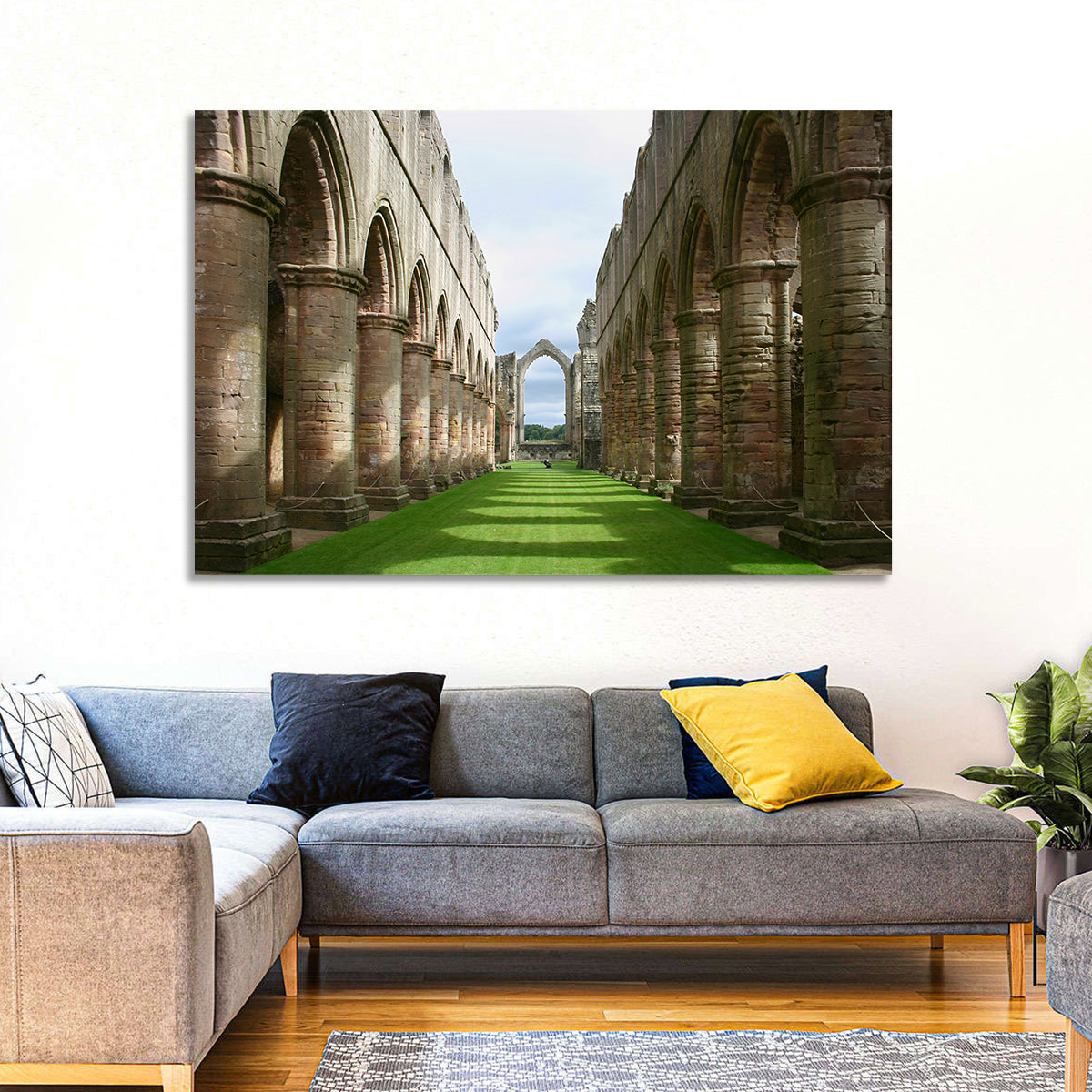 Fountains Abbey Ruins Grassy Nave View Wall Art in a room, landscape