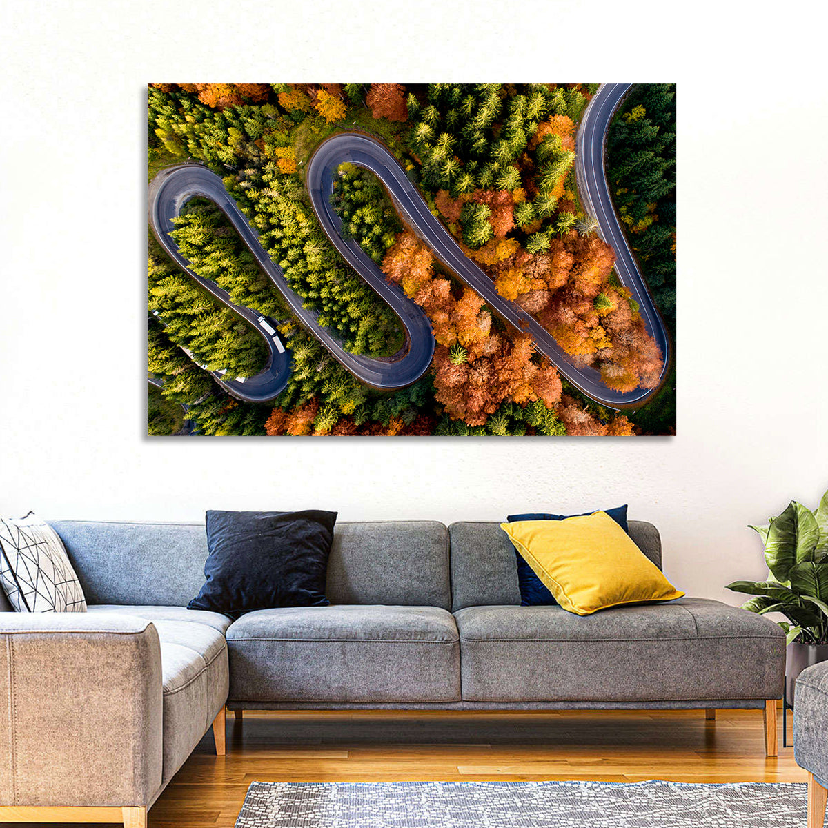 Autumn Aerial Mountain Road Wall Art in a room, landscape