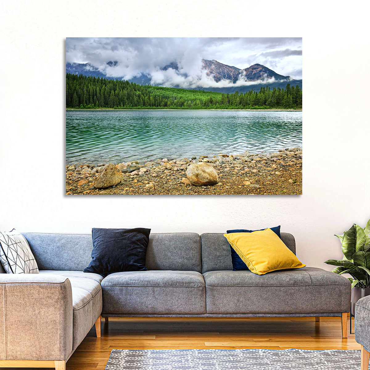 Patricia Lake Cloudy Peaks Wall Art in a room, landscape