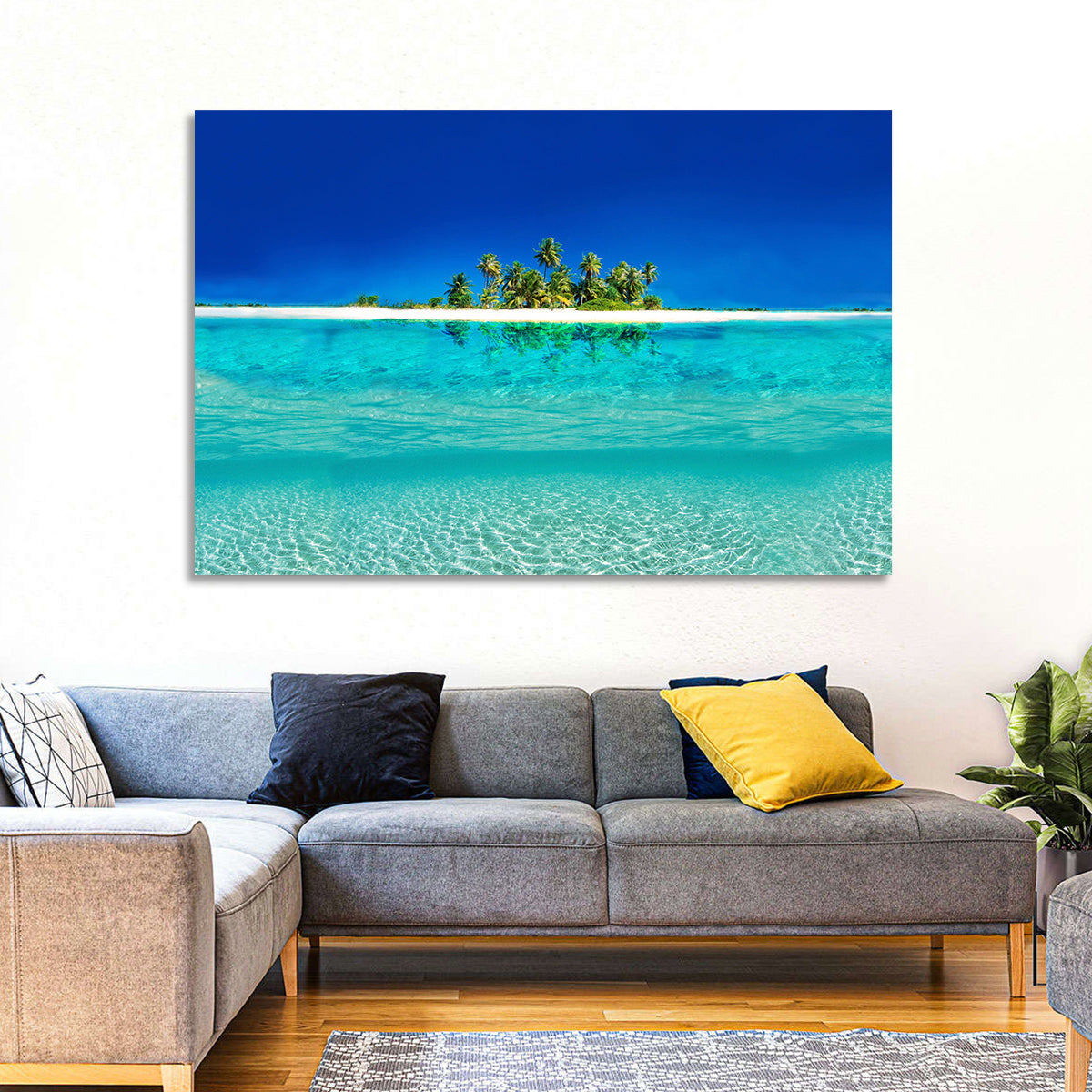 Tranquil Split-level Tropical Island Seascape Wall Art in a room, landscape
