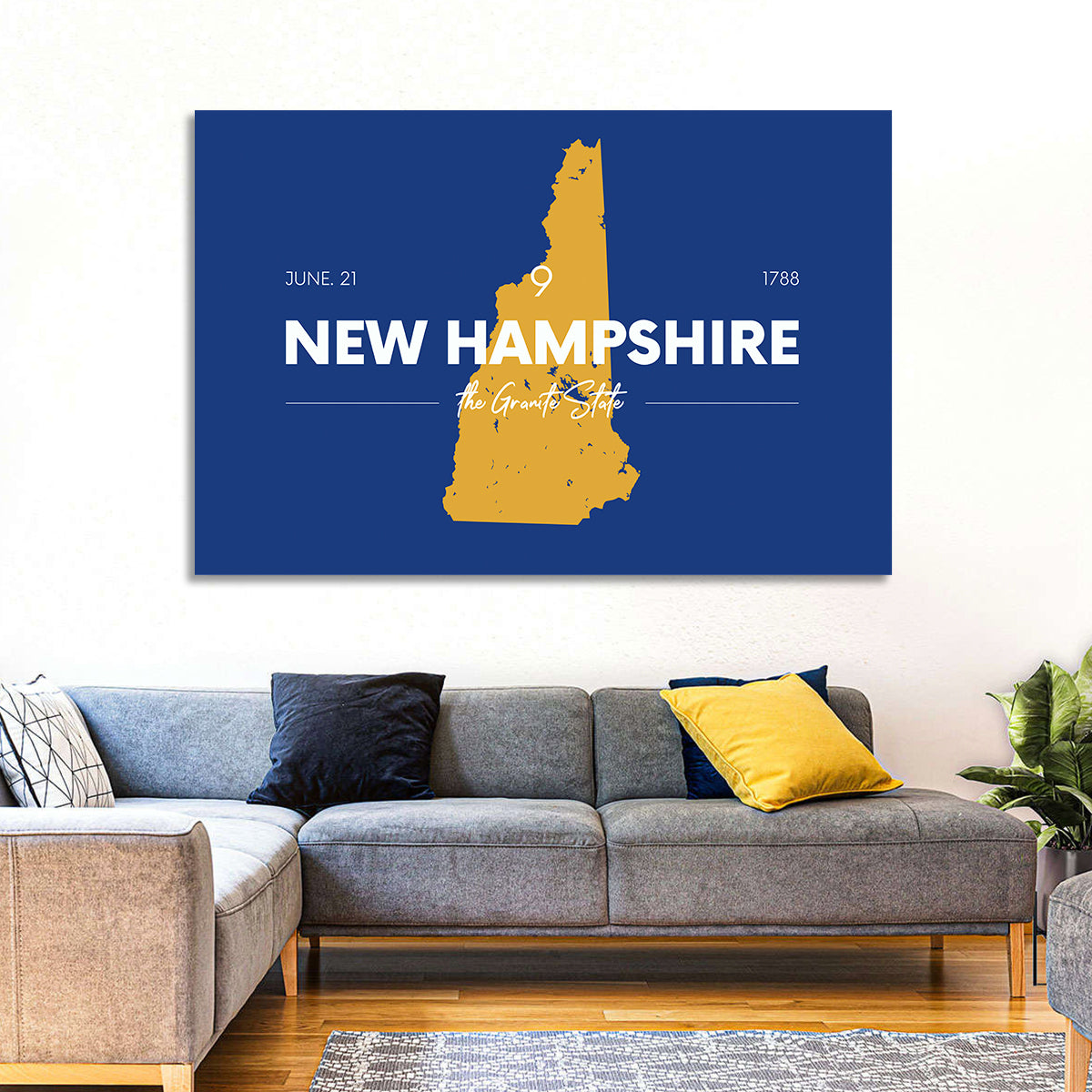 New Hampshire State Map, Blue and Gold Wall Art