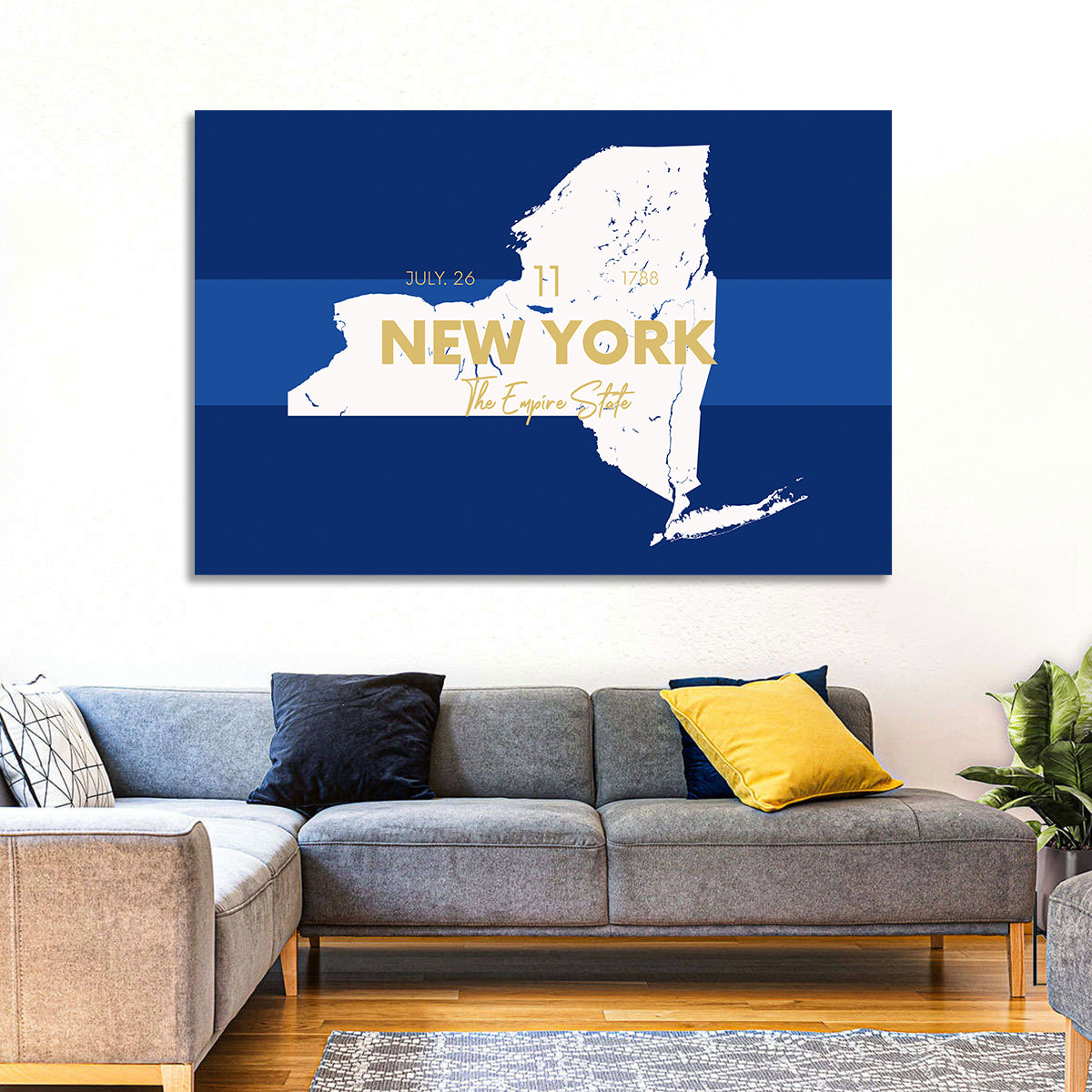 New York State Typographic Map Wall Art in a room, landscape