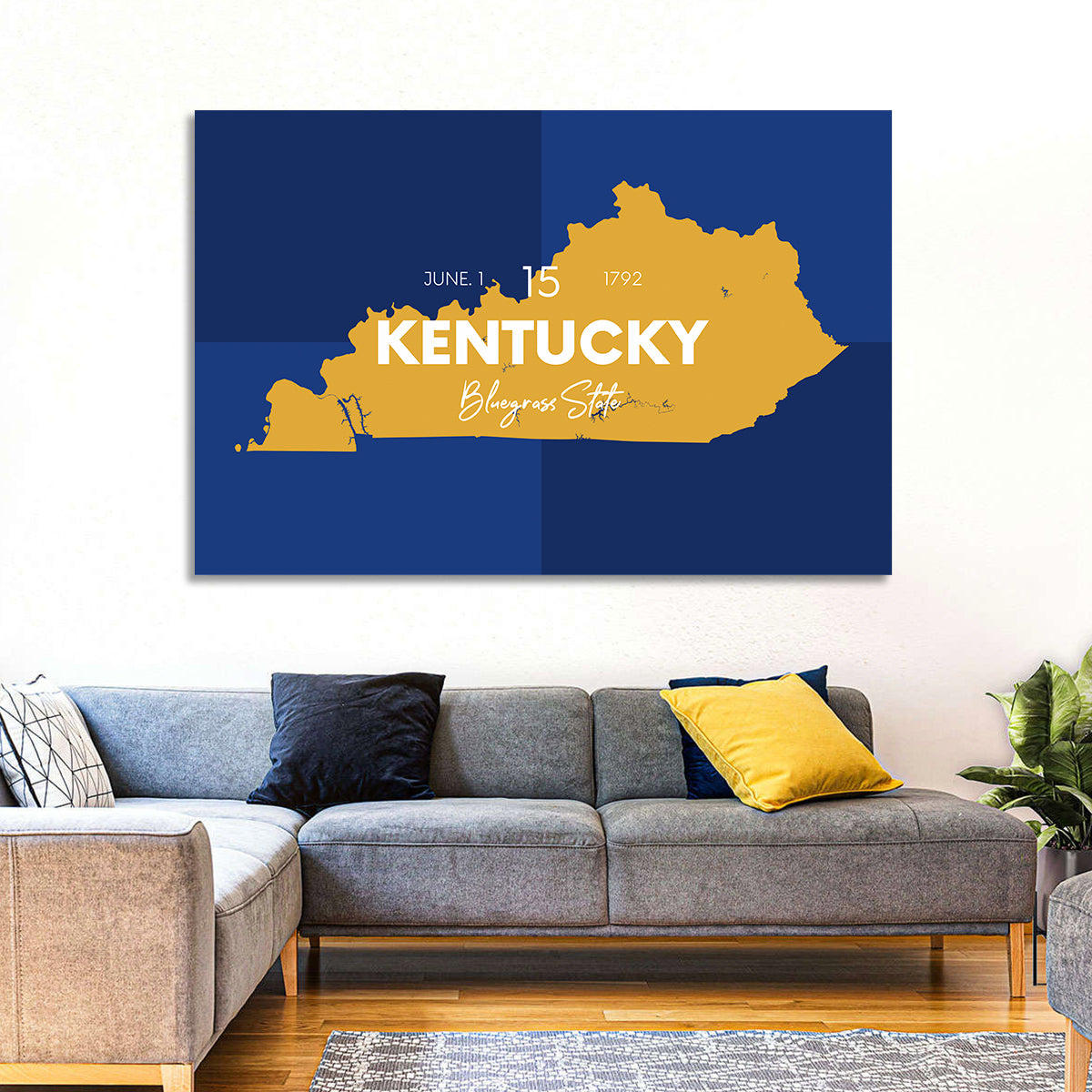 Blue and Gold Kentucky Map Wall Art in a room, landscape