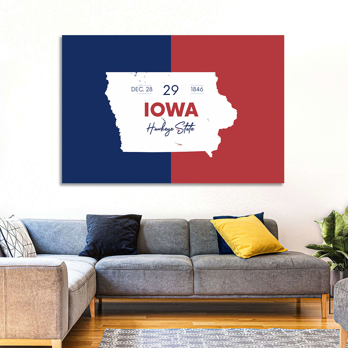 Hawkeye State Map Typography Wall Art in a room, landscape