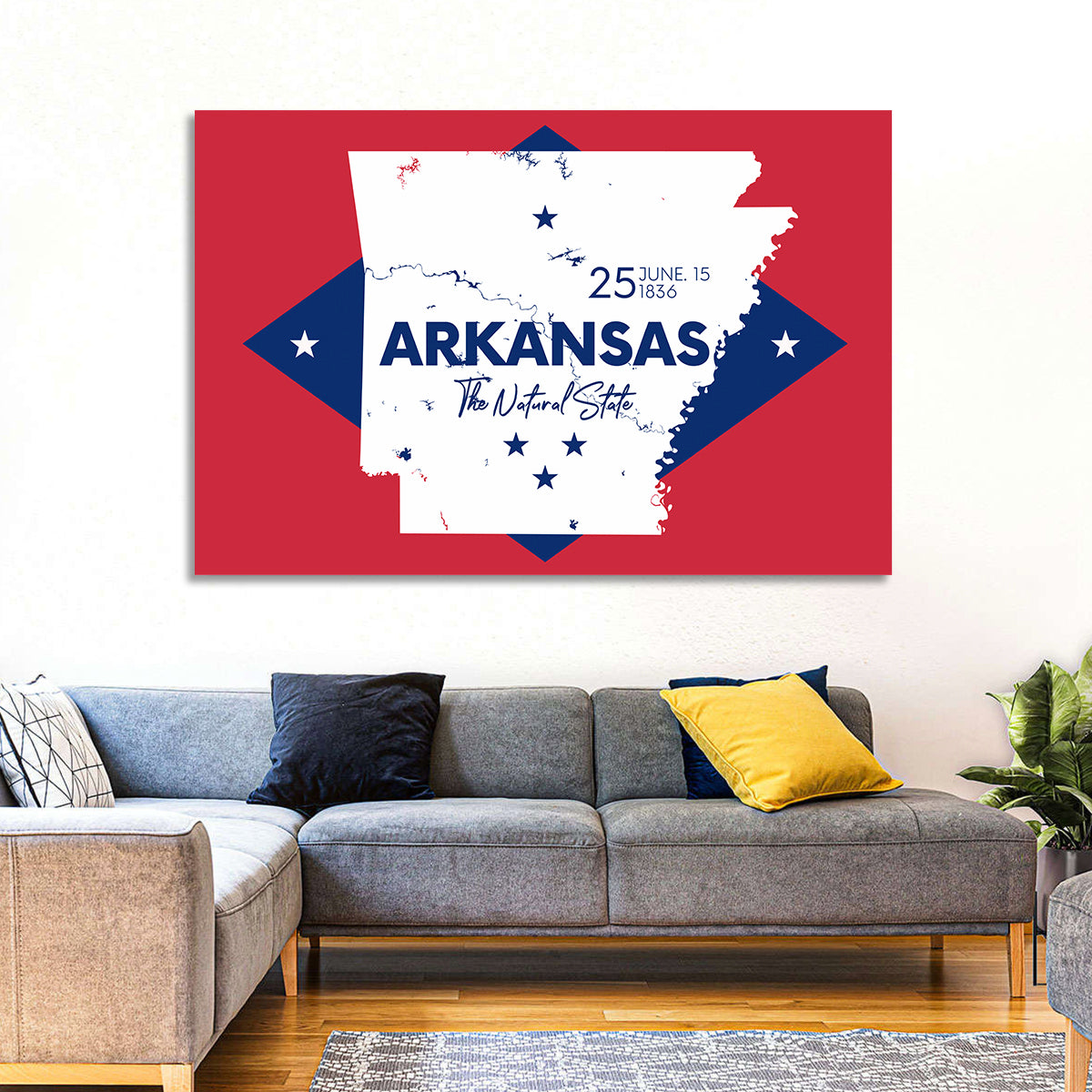 Patriotic Arkansas Map Wall Art in a room, landscape